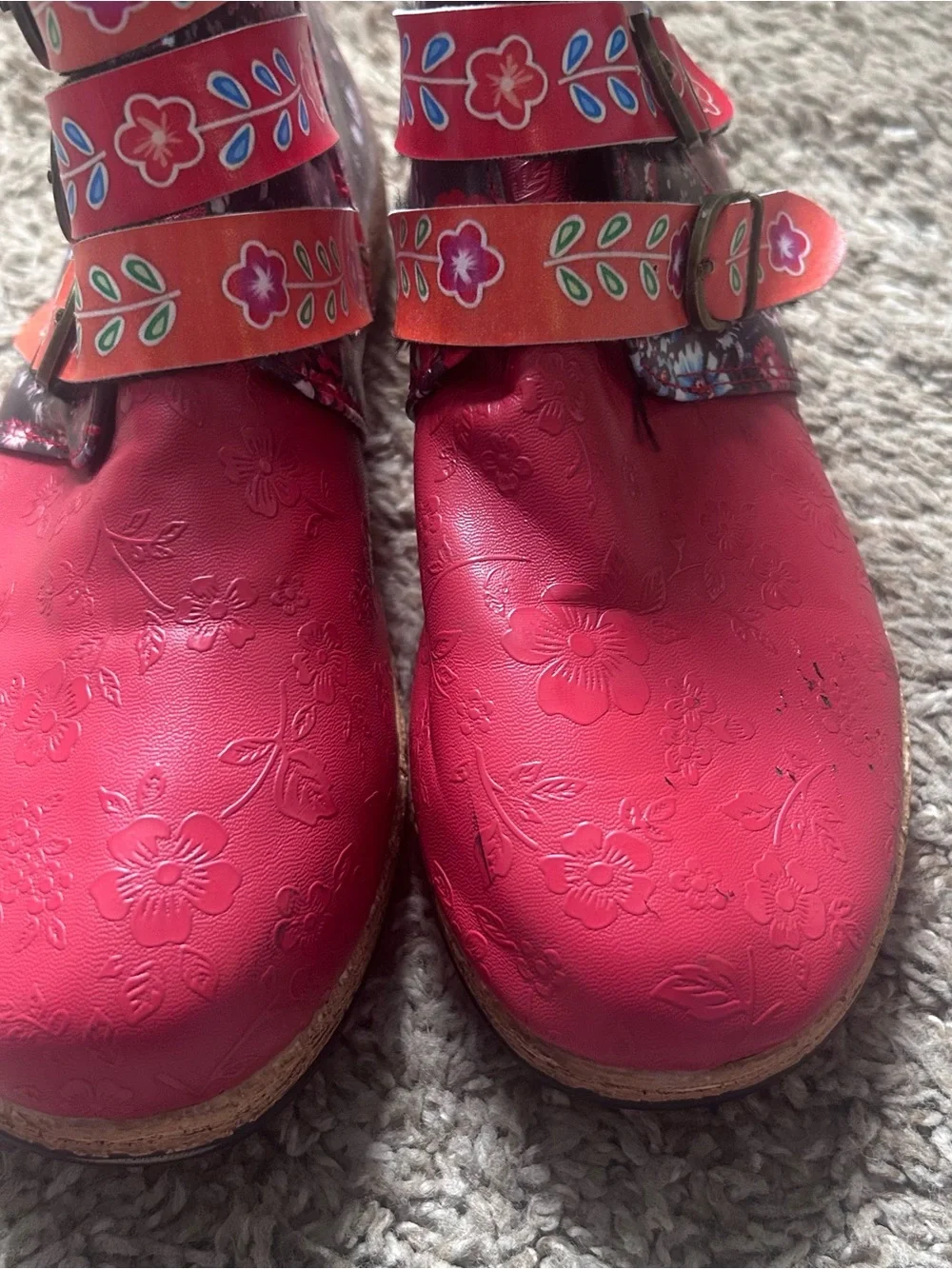Women's Red Floral Buckle Ankle Boot